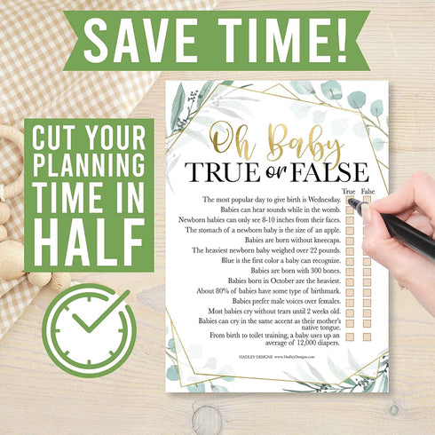 Hadley Designs Baby Shower Games Set, 25 Double-Sided Cards for 25 Guests, Word Scramble & True or False (Greenery)