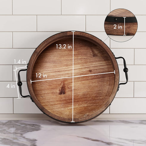 13.2'' Counter Round Coffee Table Tray - Farmhouse Wood Serving Tray with Metal Handles - Round Decorative Trays