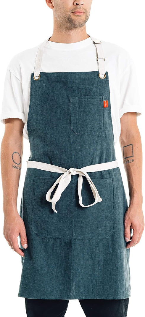 Adjustable Linen Kitchen Apron for Men and Women - Spruce Color