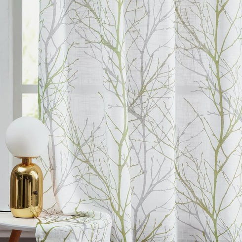 FMFUNCTEX Linen Semi Sheer Curtains, Sage Green White, 54 Inches Long for Living Room, Grommet Top 2 Panels