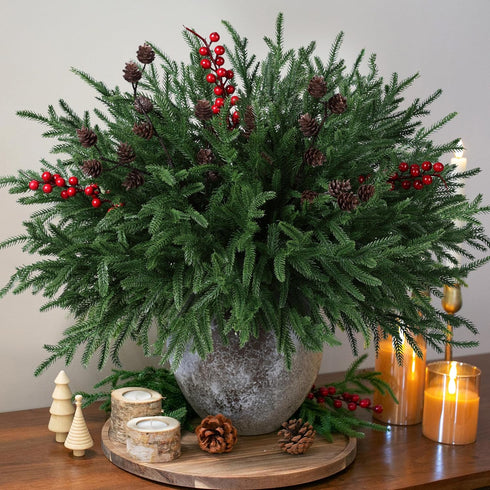 17 Branches,19 Inch HyeFlora PCS Christmas Norfolk Pine Stems with Small Pinecones and Red Berries Real Touch
