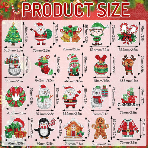 Whaline 20Pcs Christmas Diamond Drawing Refrigerator Magnets DIY Xmas Rhinestone Painting Full Drill Painting Magnetic Stickers Diamond Art Kits for Fridge Whiteboards Crafts Home Decor