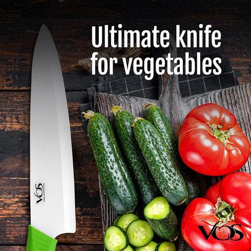 Vos Ceramic Chef Knife, 8 Inch with Protection Cover, Lightweight Zirconia Blade, Green