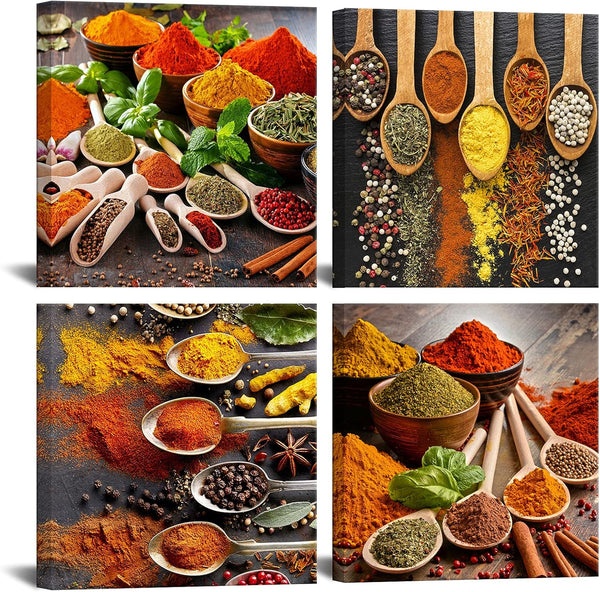 HOMEOART Kitchen Pictures Wall Decor 4 Piece Set Colorful Spices and Spoon