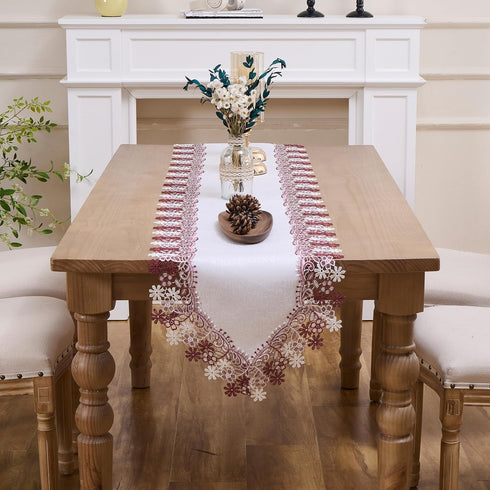 Winotic 90 inches (16 x90, White Dark Red Floral Lace Jacquard Table Runner Dresser Scarf Long for Kitchen Dining