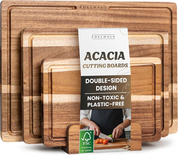 Acacia Wood Cutting Board for Kitchen, Non-Toxic Cutting Board Set of 3,