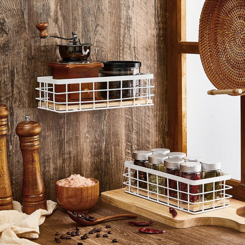 Funrous 2 Pcs Metal Wire Basket, White Toilet Paper Basket Organizer with Wooden Base for Kitchen Countertop