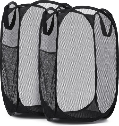 Handy Laundry Collapsible Mesh Pop Up Hamper, Wide Opening with Side Pocket - Sturdy, Foldable Design (Black | 2-Pack)