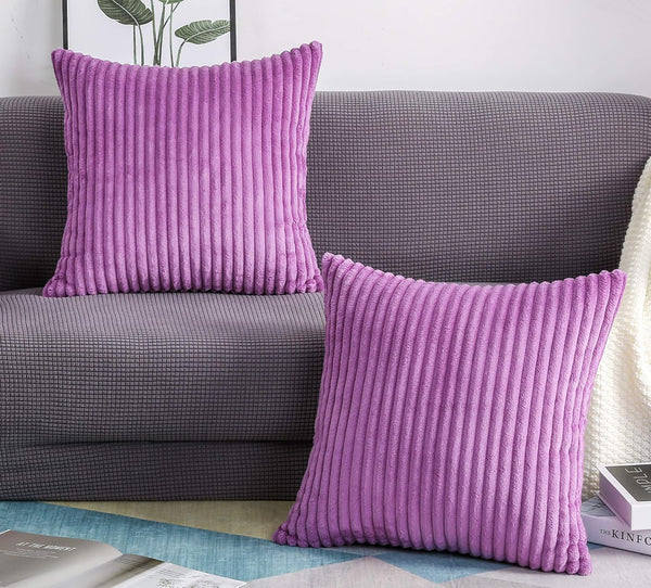 TangDepot Set of 2 Soft Plush Velvet Big Striped Corduroy Decorative Throw Pillow Covers - (28"x28", A90 Light Purple)