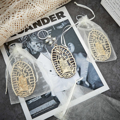 Hicarer Baptism Our Lady of Guadalupe Wood Design Keychain with Organza Gift Bags for Baptism