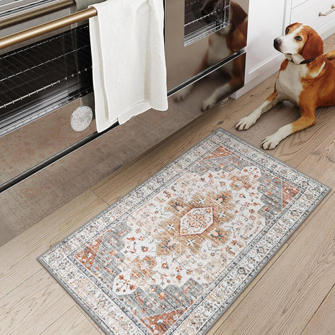 Moynesa Ultra-Thin Washable Entryway Rug 2x3, Small Non Slip Kitchen Rugs for Indoor Vintage Throw Mat, Beige/Gold