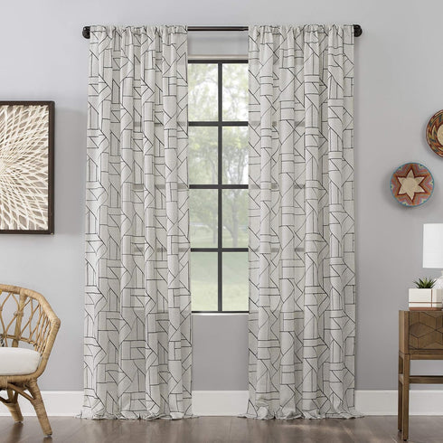 Archaeo Mid-Century Modern Fragmented Geometric Embroidery Curtain, Natural Linen Blend, 50" x 63", Black/Linen