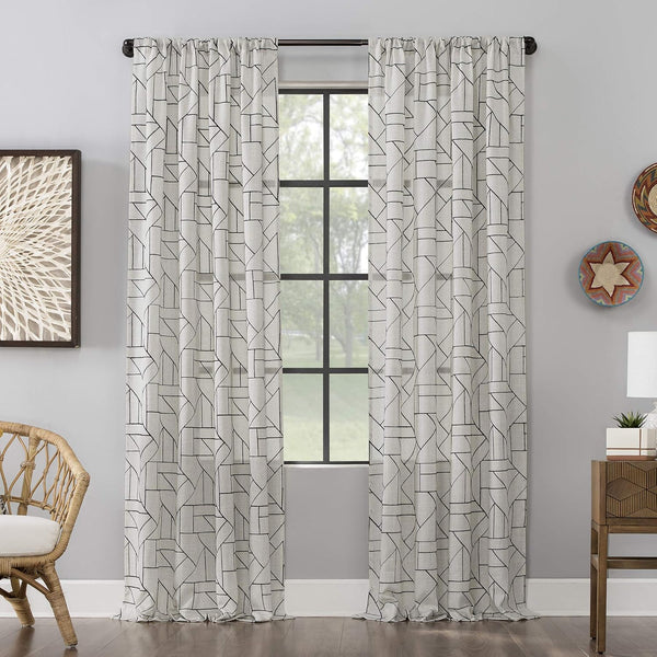 Archaeo Mid-Century Modern Fragmented Geometric Embroidery Curtain, Natural Linen Blend, 50" x 63", Black/Linen