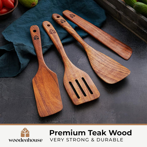 Wooden Spatula for Cooking - Teak Utensils Set of 4 including Paddle, Turner, Slotted Spurtle, and Scraper