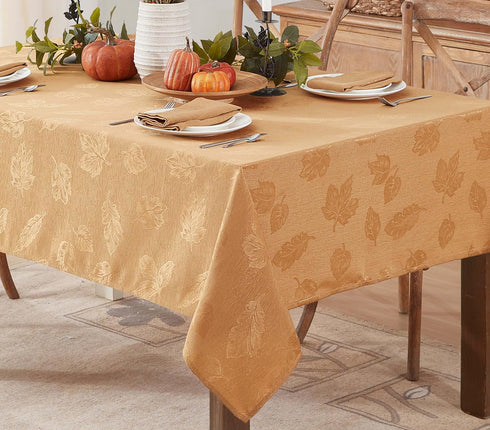 Newbridge Gold Tremont Leaf Damask Rectangle Fabric Spring Lodge Tablecloth, 60 x