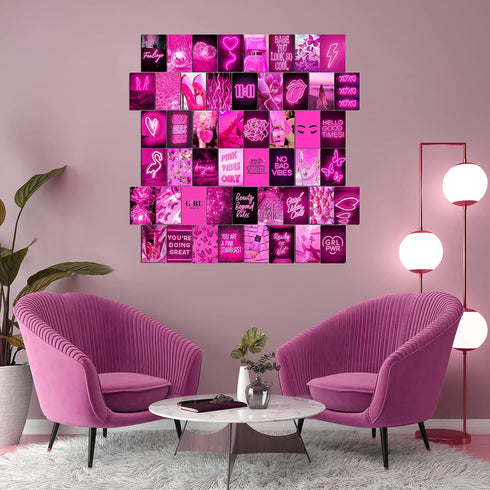 WOONKIT Pink Neon Wall Collage Kit - Aesthetic Pictures for Trendy Room Decor, 50pcs 4x6 Inch for Teen Girls