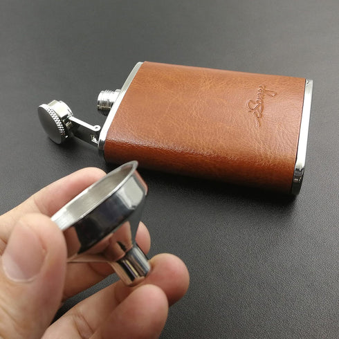 3oz Brown Red Leather Wrapped Hip Flask with Funnel, 18/8 Stainless Steel (YM102)