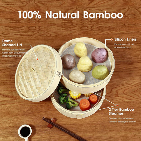 Handmade 8 Inch Bamboo Steamer Basket with Reusable Cotton Liners, 2 Tier Traditional Dumpling Food Steamer