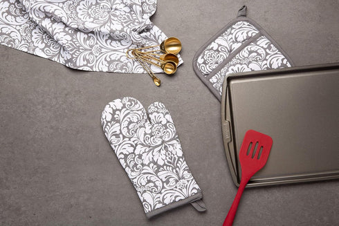 DII Quilted Kitchen Oven Mitt & Potholder Set, Gray Damask Print, 2 Piece, OM 6.5x12/PH 8x8.5