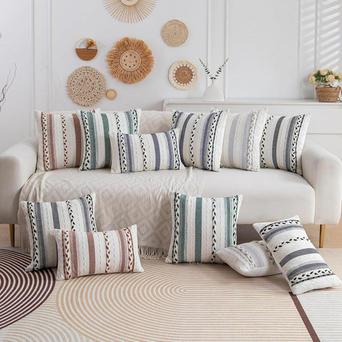 Set 2-18x18 Inch Grey Boho Striped Pillow Covers of Farmhouse Coastal Decorative Throw Pillows, Neutral Accent Textured