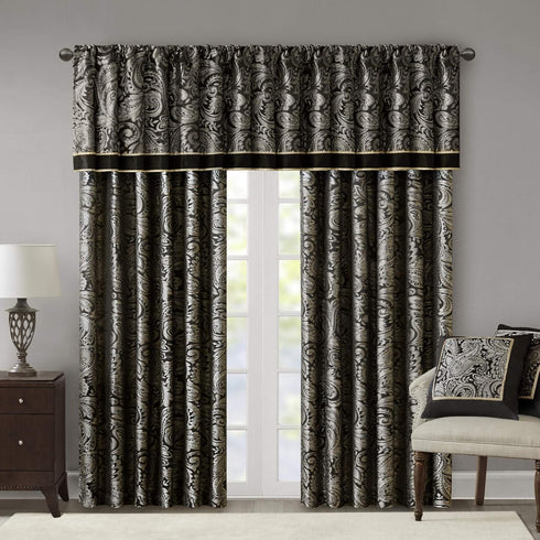 Madison Park Aubrey Jacquard Rod Pocket Valance, Classic Silk Paisley, 50X18", Black