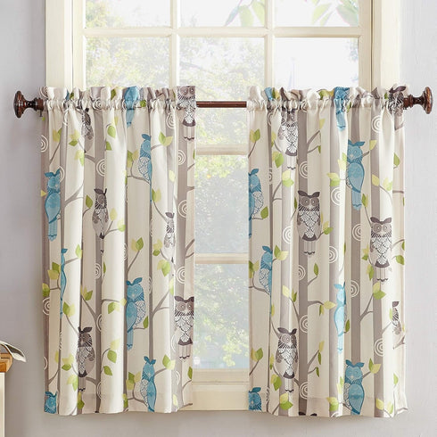 No. 918 Hoot Owl Print Semi-Sheer Kitchen Curtain Tier Pair, 56" x 36", Mocha