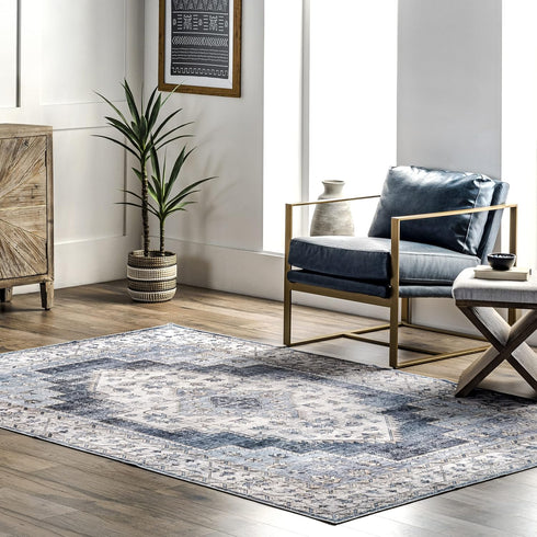 nuLOOM 2' x 3' Dania Machine Washable Medallion Accent Rug, Navy, Rectangular, 0.1" Thick