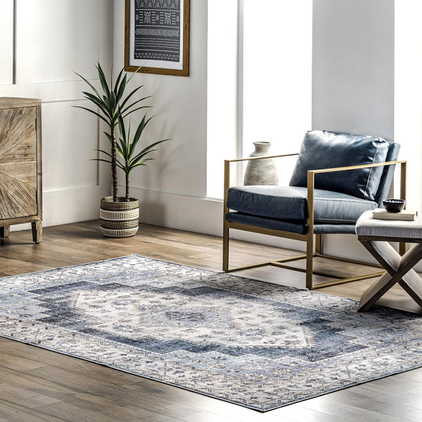 nuLOOM 2' x 3' Dania Machine Washable Medallion Accent Rug, Navy, Rectangular, 0.1" Thick