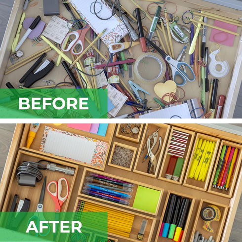 Grow Forward Bamboo Drawer Organizer Boxes, Set of 14 Wooden Organizers for Kitchen, Bathroom, Office
