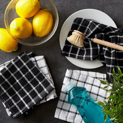DII Basic Terry Collection Windowpane Dishcloth Set, Black, 12x12, 6 Piece
