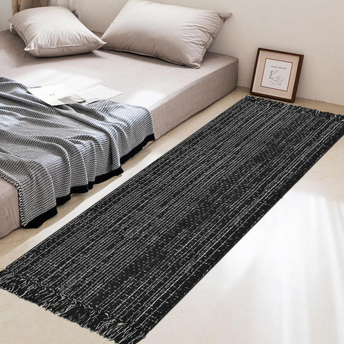 Hallway Runner Rug 2'x6' - Black and White Cotton Machine Washable Rug with Tassels, Boho Indoor Area Mat for Kitchen