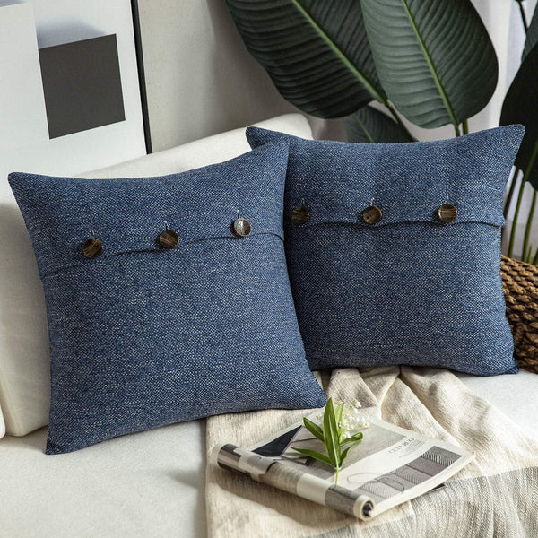 Phantoscope Farmhouse Geometric-Pattern Triple Button Vintage Linen Decorative Pillow Cover for Couch Bed, Navy Blue,