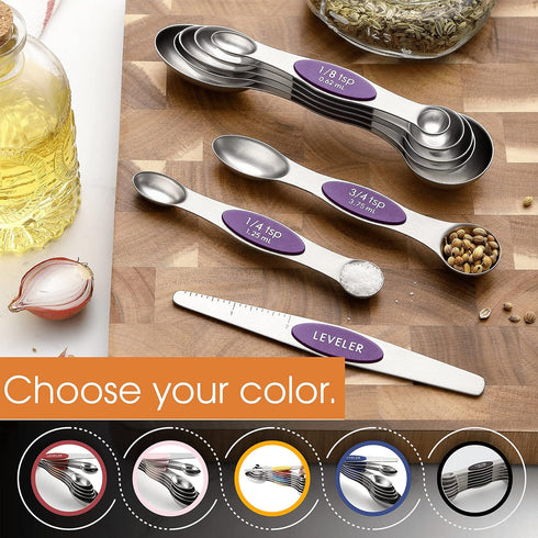 Spring Chef Purple Magnetic Measuring Spoons Set of 8: Dual Sided Metal Teaspoon & Tablespoon for Baking & Cooking