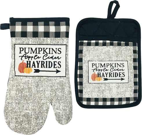 Serafina Home Farmhouse Black White Check Kitchen Towels and Pot Holder Set, Country Pumpkin Apple Cider Invitation