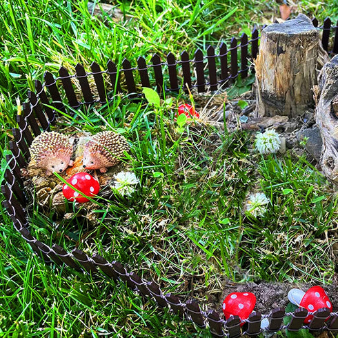 6 Pack CooBigo Resin Hedgehogs & Wood Mushroom Sculpture, Fairy Wild Garden Supplies, Figurines for Fairy Garden Wild