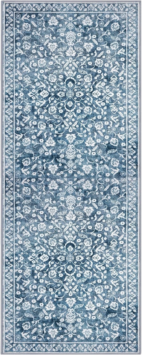 2x5 Vintage Washable Rug, Blue and White Hallway Runner, Super Soft Non-Slip Kitchen Runner, Print Faux Wool Floral
