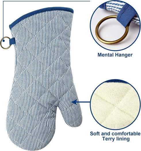 1 Pair Yarn Dyed Oven Mitts, 100% Cotton Heat Resistant 470 Degree Gloves for Cooking & Baking (Blue)