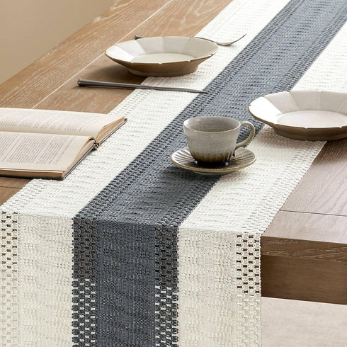 14 36 Inch 36 Inches ZeeMart Macrame Style Bicolor Stitching Table Runner, x Charcoal/Ivory, Boho Dark Grey Table
