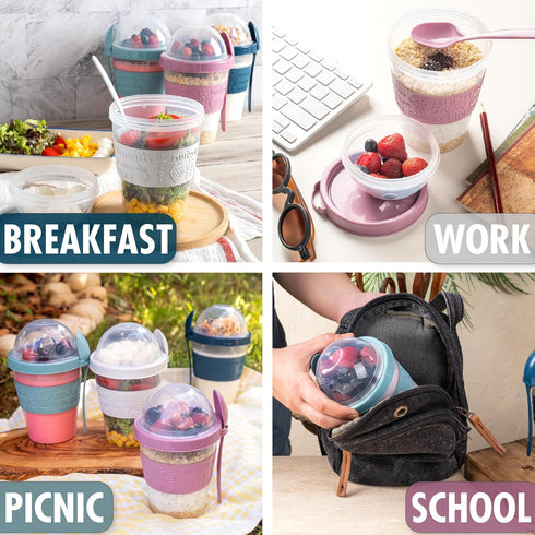 4 Pack 20 oz Hakan Overnight Oats Containers with Lids & Spoons - Reusable Yogurt Parfait Cups with Topping Dome