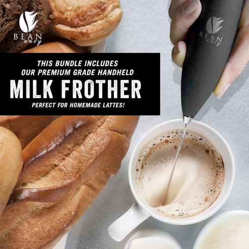 Bean Envy French Press Coffee Maker and Milk Frother Set: 34 oz Glass Carafe & Drink Mixer Duo