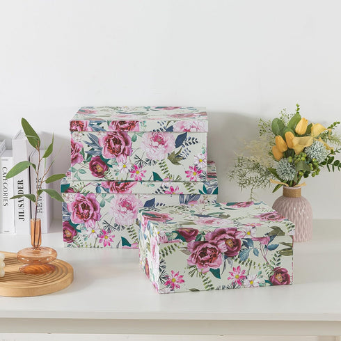 Soul & Lane Decorative Cardboard Storage Boxes, Floral Luxe Set of 3, Nesting Boxes with Lids for Keepsakes