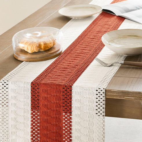14 90 Inch 90 Inches ZeeMart Macrame Style Bicolor Stitching Table Runner, x Orange/Ivory, Boho Burnt Orange Fall Table