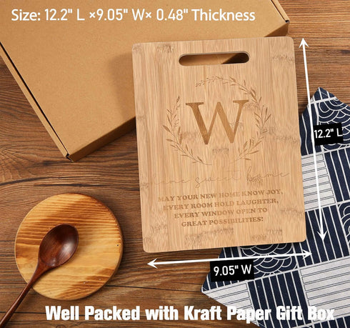 Bamboo Carved Cutting Board Gift for Home Kitchen, Housewarming, Wedding, Christmas, Monogrammed Initial W