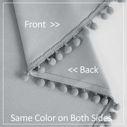 Pompom Full Blackout Curtains, Grey Window Curtains for Basement, 54 inches Thermal Insulated Room Darkening Drapes