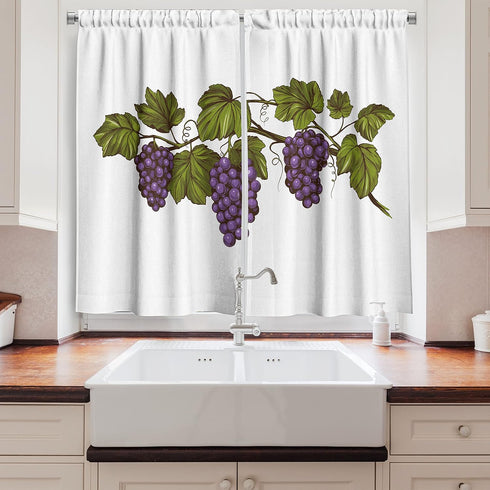 Lunarable Wine Grapes Kitchen Curtains - 2 Panel Set for Kitchen Cafe Decor, Fresh Purple Fruits on White Backdrop