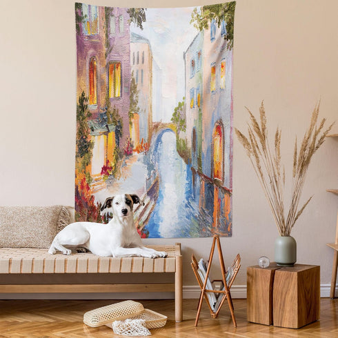 Ambesonne Venice Tapestry - Historical City Vintage Houses Water Canal Venice Italy Oil Painting, 40" X 60", Orange