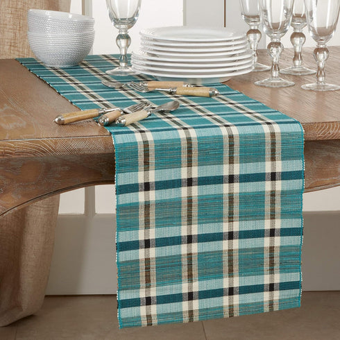 SARO LIFESTYLE Kalama Collection Plaid Woven Table Runner, 14" x 72", Turquoise Water Hyacinth