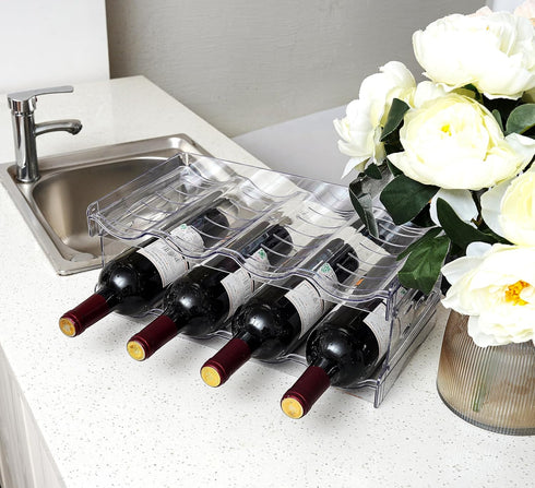 IEEK 2 Pack Stackable Wine and Water Bottle Holder, Clear Plastic Organizers for Fridge, Cabinet, Pantry, Holds 8