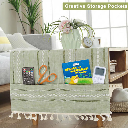 Ajerg 20x57inch Coffee Table Cloth, Sage Green Coffee Table for Living Room Tablecloth Cover with Pockets & Tassel