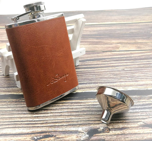 3oz Brown Red Leather Wrapped Hip Flask with Funnel, 18/8 Stainless Steel (YM102)